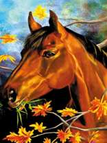 Благородный конь у осеннего дерева