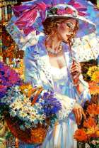 Леди в белом платье и корзинки цветов