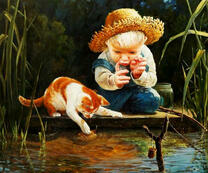 Мальчик с котёнком на рыбалке