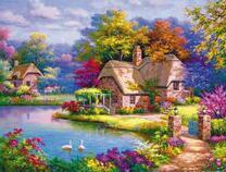 Каменные домики у лебединого озера