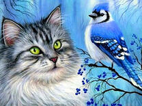 Кошечка и синяя птичка на дереве