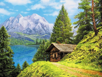 Домик у озера с видом на горы