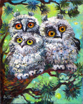 Три совёнка на ветке сосны