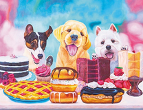 Три довольных щенка за сладким столом