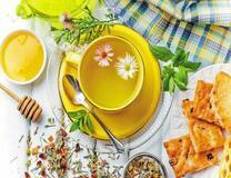 Красивый завтрак с чаем, мёдом и печеньем