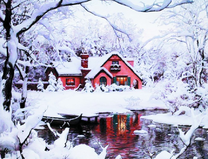 Розовый заснеженный домик