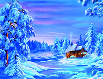 Заснеженный деревянный домик у реки