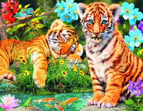 Тигрята отдыхают среди цветов