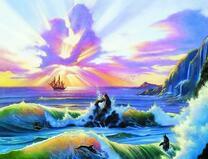 Влюбленные в облаках и корабль в море