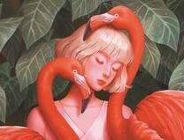 Фламинго обнимают молодую девушку