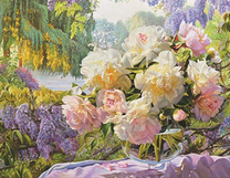 Букет пионов на фоне пейзажа