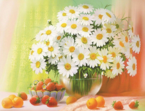 Большой букет ромашек, абрикосы и клубника