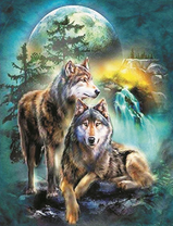 Волки на фоне ночного пейзажа