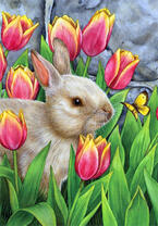 Кролик среди розовых тюльпанов