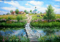 Деревянный мостик через реку к деревенскому храму