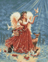 Ангелочек в зимнем лесу кормит зверей