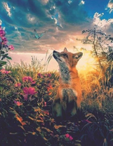 Лиса среди цветов на фоне заката