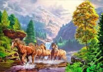 Стадо лошадей мчит по горной реке