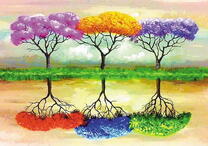 Разноцветные деревья и их отражение в озере