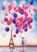 Девушка и облако воздушных шаров в Париже