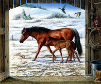 Лошадь и жеребенок идут по снегу