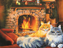 Два мейн куна греются у камина