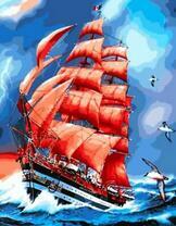 Корабль с алыми парусами рассекает по волнам