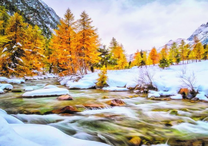 Первый снег возле горной реки