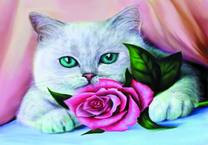 Зеленоглазая кошечка с розой