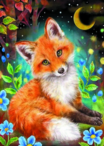 Лисенок среди голубых цветов