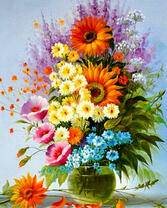 Яркие ромашки и подсолнухи в одном букете