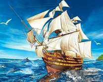 Роскошный корабль в море и дельфины