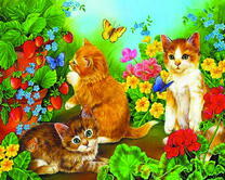 Котята в цветочно-ягодном саду
