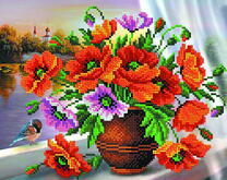 Букет из маков на подоконнике и воробушек