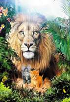 Лев и два котёнка в джунглях