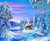 Деревянный домик в лесу на берегу зимней реки