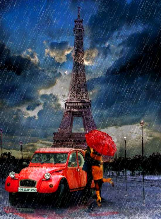 Картина по номерам 30x40 Романтическое свидание у Эйфелевой башни под дождем