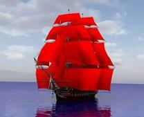 Корабль с красными парусами в спокойном море