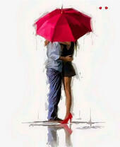 Поцелуй под дождем и красным зонтом