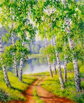 Грунтовая дорога к озеру через березовую рощу