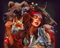 Русская девушка в окружении животных