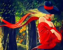 Блондинка в шляпе гуляет по парку