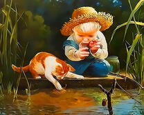 Малыш и котенок на рыбалке