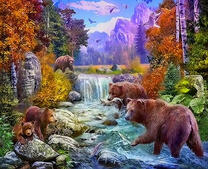 Медвежья семья на реке ловит рыбу