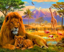 Лев и его малыш на фоне горы