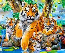 Семейство тигров под деревом у реки