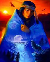 Индианка, волк и водопад