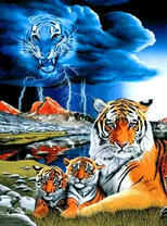 Семейство тигров в горной долине