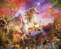 Единорог на фоне радуги и замка