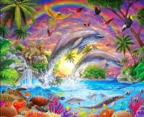 Дельфины на фоне радуги и других животных